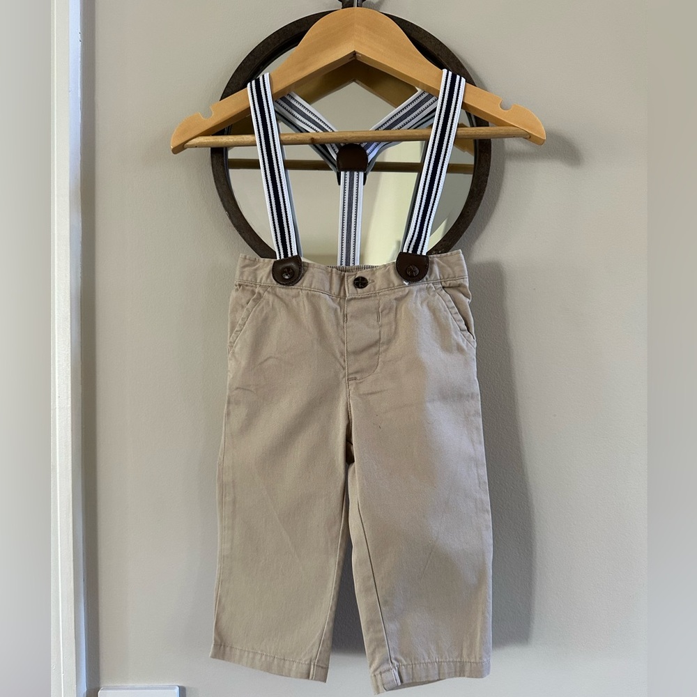 Janie and Jack - Khaki Pants with Suspenders - 6 to 12 Months